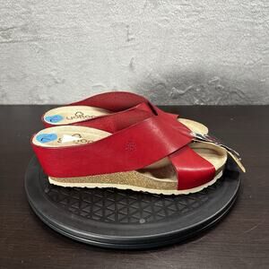 Yokono Womens Sz 7.5 Candela Red Leather Criss Cross Cork Wedge Slip On Sandals